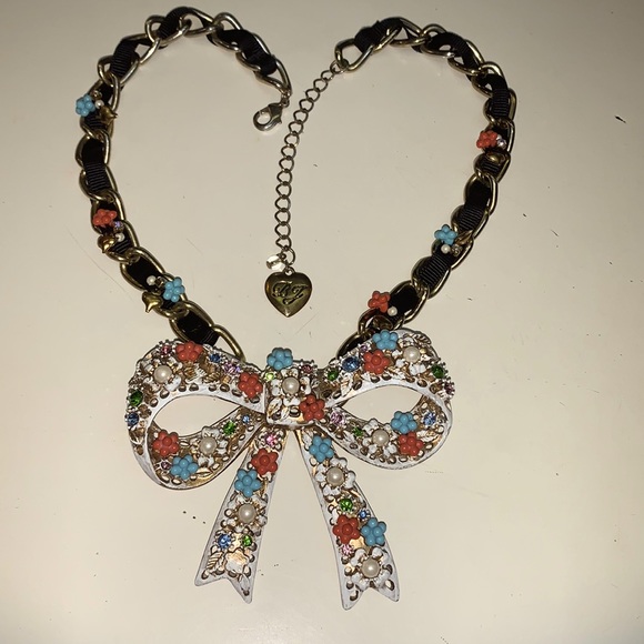 Vintage 80s Betsey Johnson Encrusted Bow Necklace-Crystals-Turquoise-Coral-Pearl